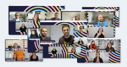 Collage of screenshots from Fuori Rete online meetings featuring guests, designers, and LIS interpreters discussing the social digital divide.