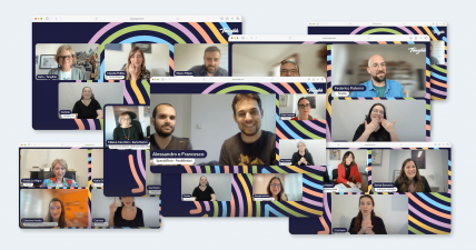 Collage di screenshot degli incontri online di Fuori Rete con ospiti, designer e interpreti LIS che parlano di digital divide sociale.