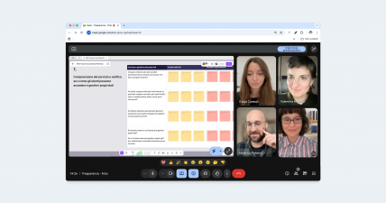 The Tangible team during a working session on the Transparency by Design workshop, with the shared FigJam board displayed on screen.