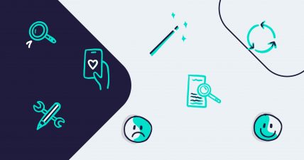 Illustrazioni stilizzate rappresentano strumenti digitali, emozioni e processi circolari, su sfondo chiaro con un’area scura laterale.