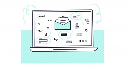 Illustrazione di un laptop con una mail e alcuni elementi che riguardando un email design system