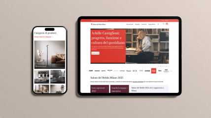 Esperienza digitale del Salone del Mobile visualizzata su tablet e smartphone con homepage e categorie prodotto