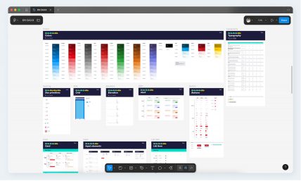 Panoramica di un design system con palette colori, tipografia e componenti UI.