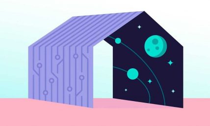 Illustrazione di un'abitazione decorata con dei pianeti