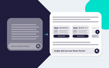 Un'illustrazione rappresenta il miglioramento dell'esperienza utente nella ricerca di hotel tramite AI