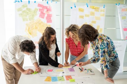 Four people are engaged in a brainstorming session around a white table. They are working on canvases with diagrams and post-its.
