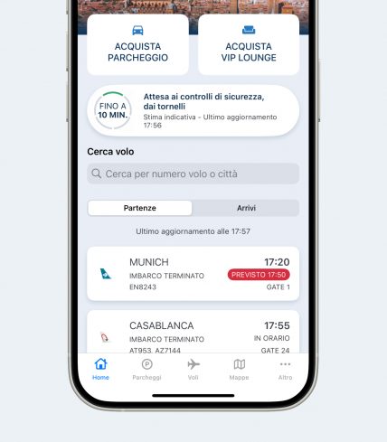 Mobile app screen showing departing flights and real-time updates.