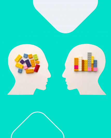 Two human profiles face each other. One has scattered colorful LEGO blocks, the other has neatly stacked ones, on a colored background.