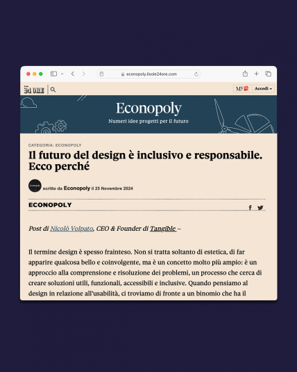 Screenshot di un articolo pubblicato su Econopoly, il blog del Sole 24 Ore, dal titolo "Il futuro del design è inclusivo e responsabile. Ecco perché".