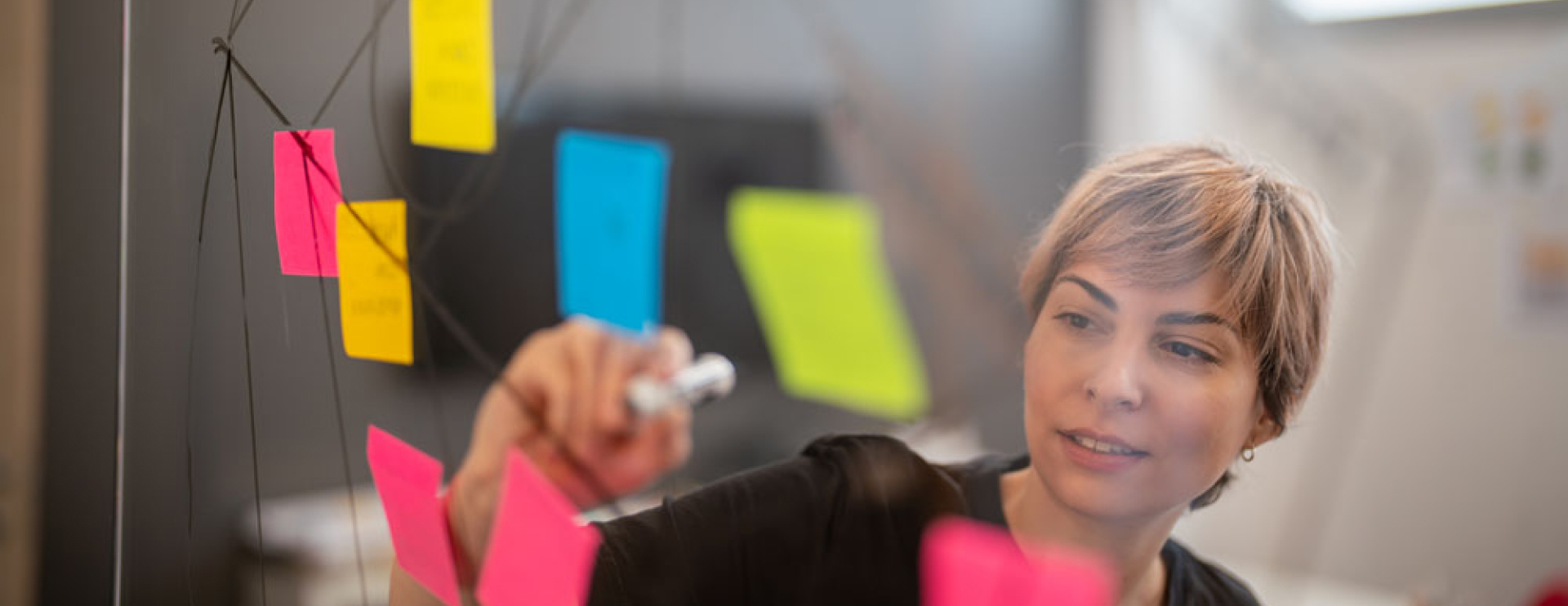 Francesca writes post-its on a wall