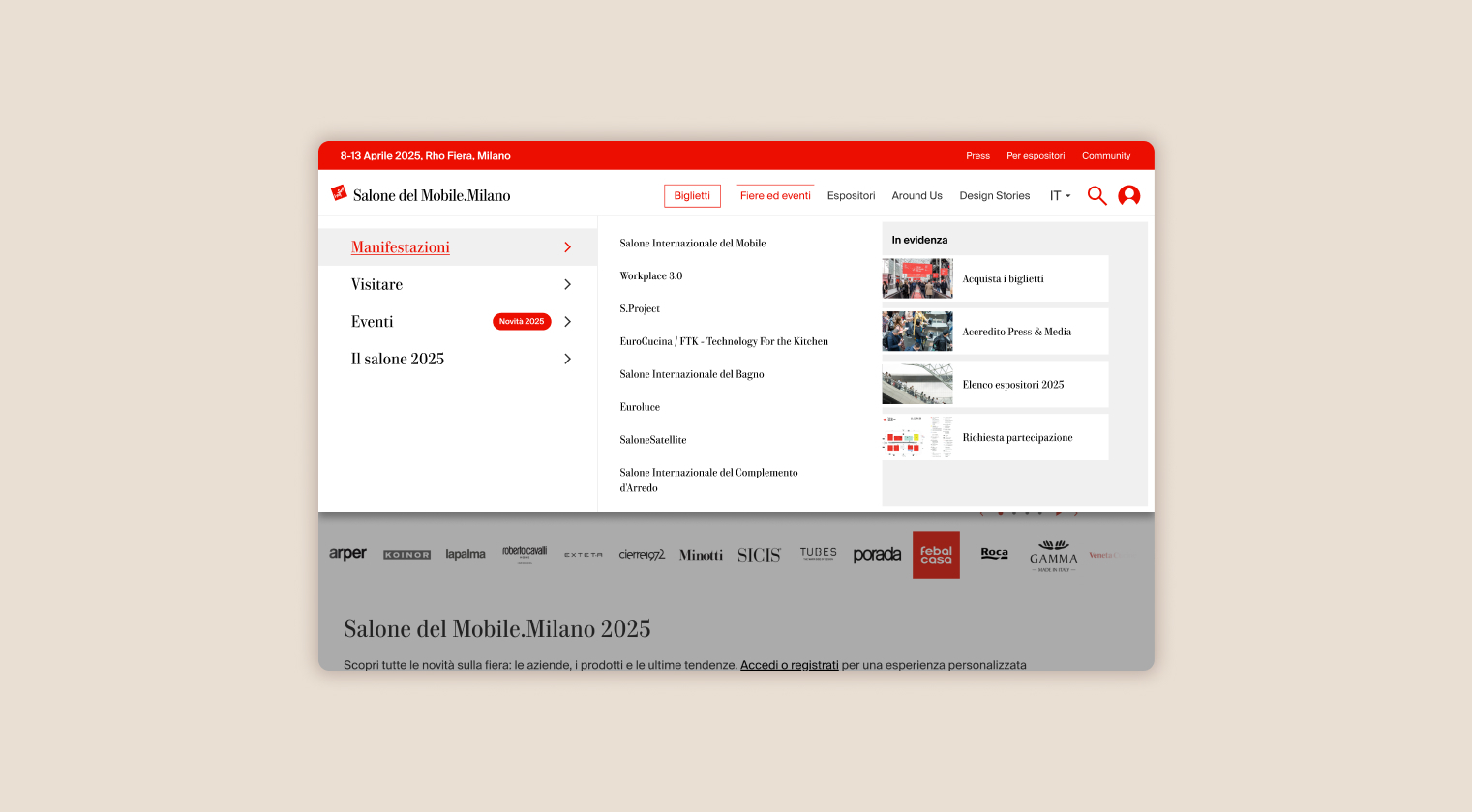 Interfaccia del sito del Salone del Mobile con menu manifestazioni elenco eventi e contenuti in evidenza