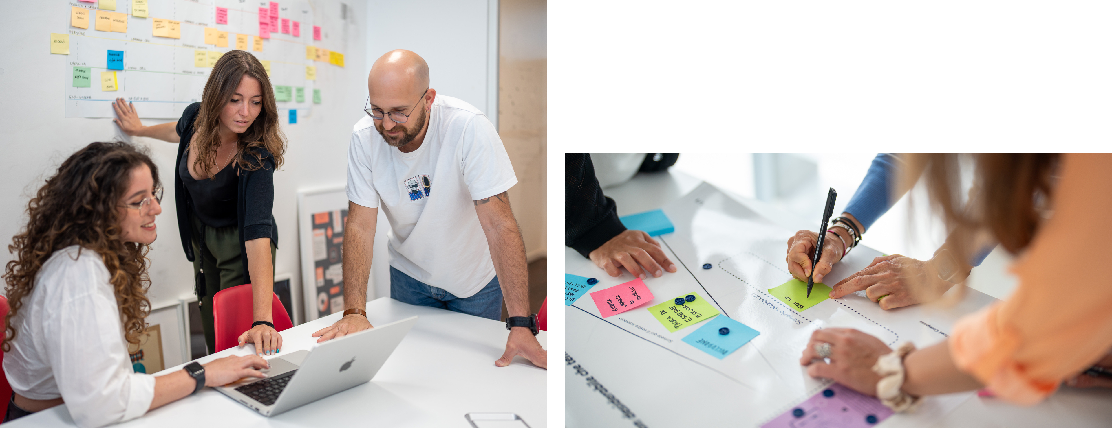 Team di designer collabora attorno a un laptop e a una board con post-it colorati.