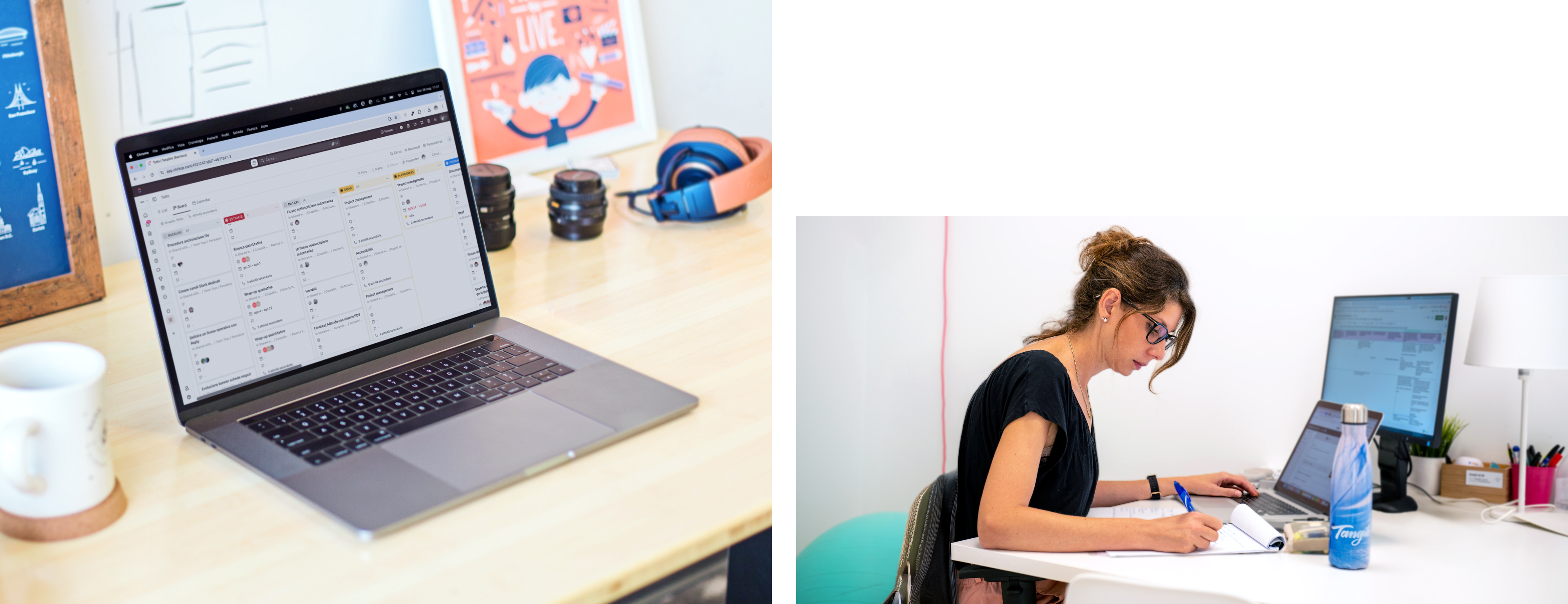 Designer lavora alla scrivania con monitor, laptop e appunti di progetto.