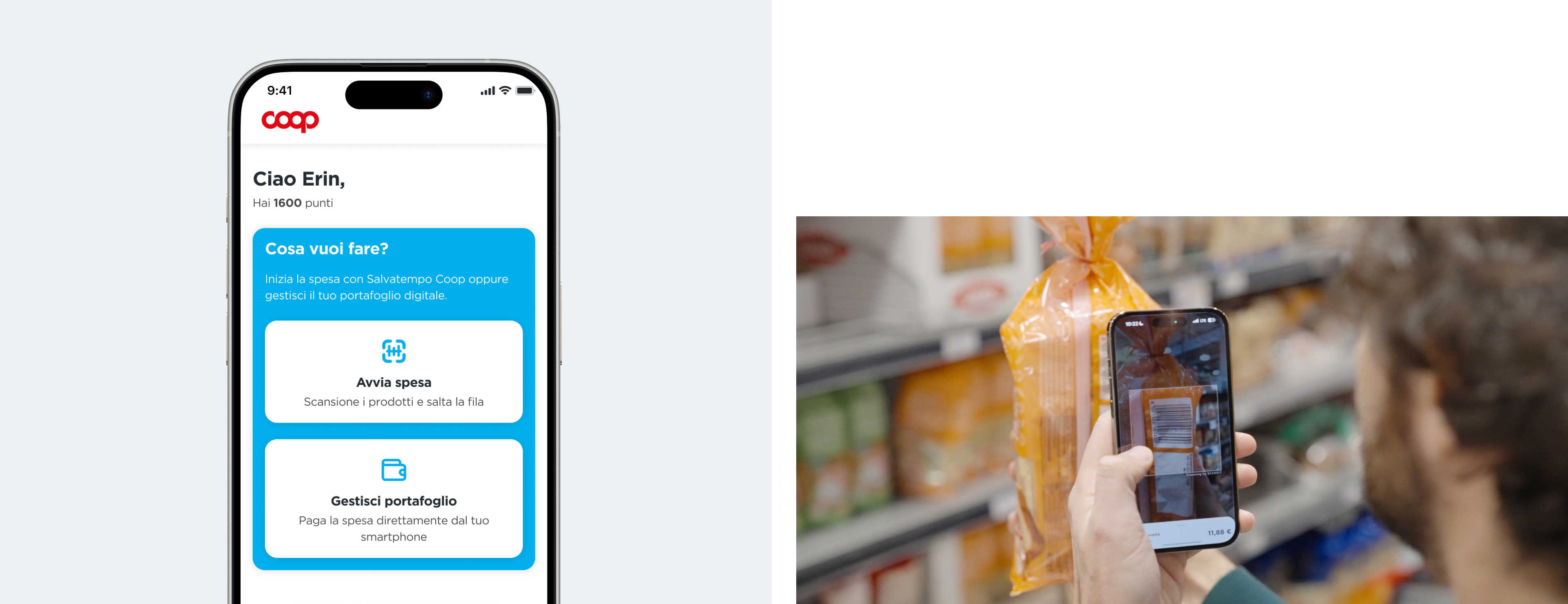 Smartphone displays the Coop Salvatempo app next to a customer scanning a pasta package.