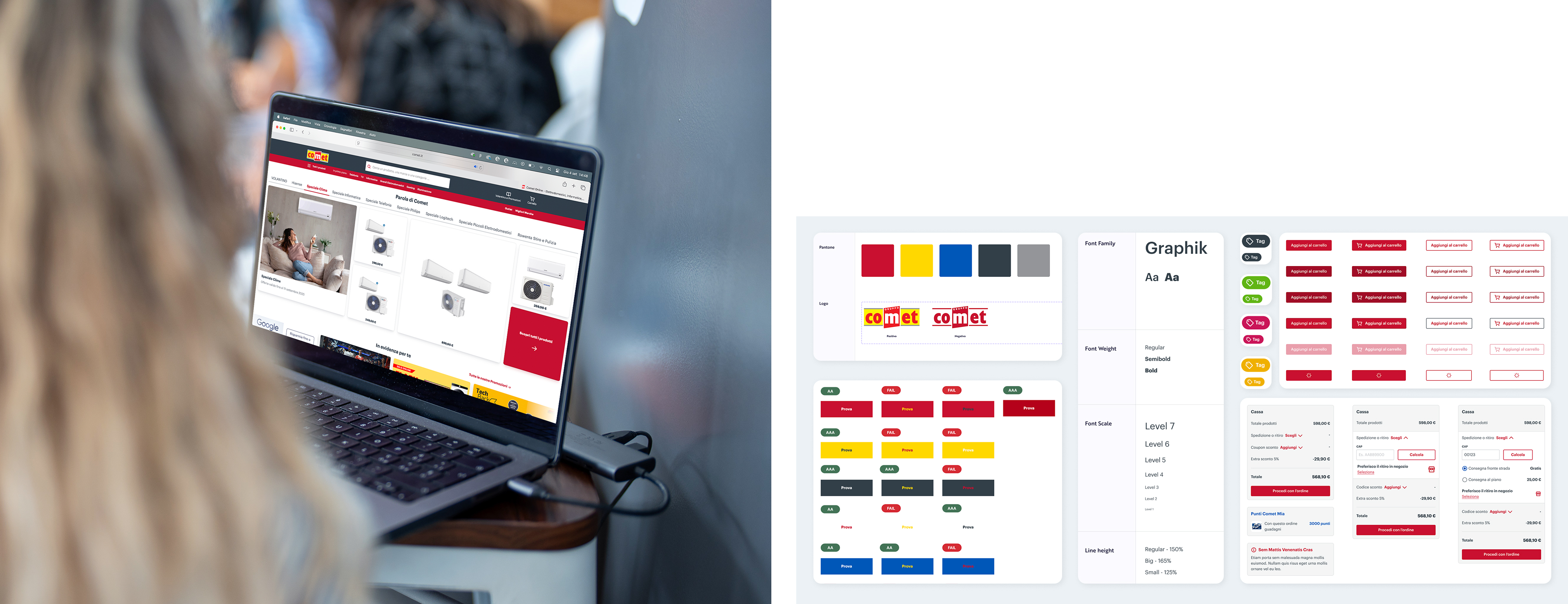 Schermata affiancata con e-commerce Comet e linee guida di design system a colori.