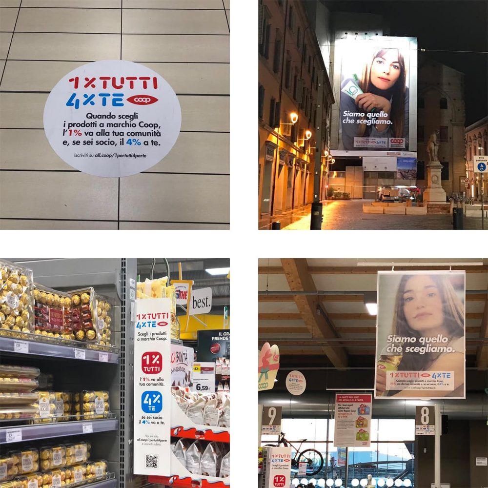 Quattro immagini relative applicazione di 1xTUTTI 4xTE nei negozi coop: adesivi nei negozi e cartelloni pubblicitari