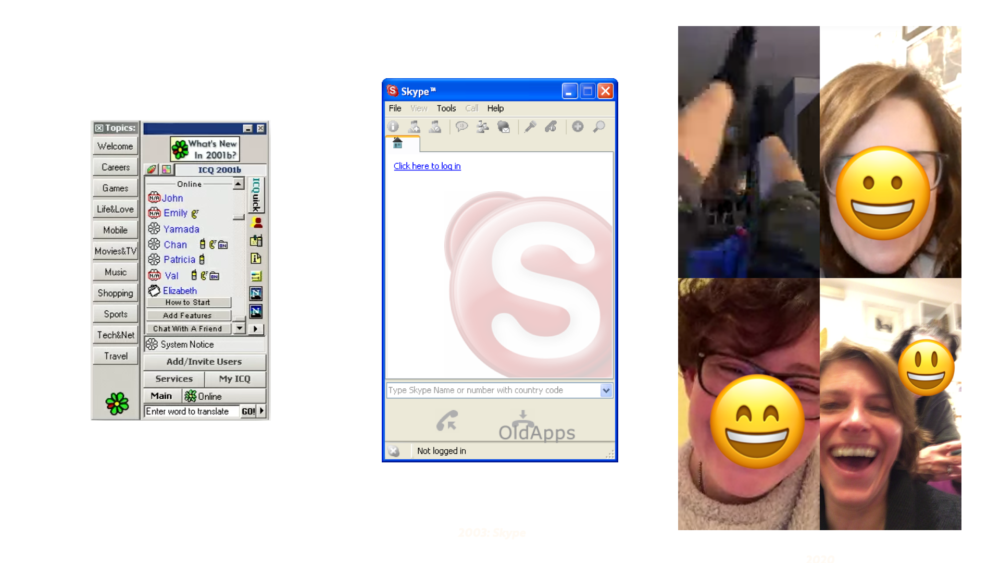 A sinistra l'interfaccia di ICQ, al centro una delle prime versioni di Skype degli anni '90, a destra una chiamata su Clubhouse durante il lockdown