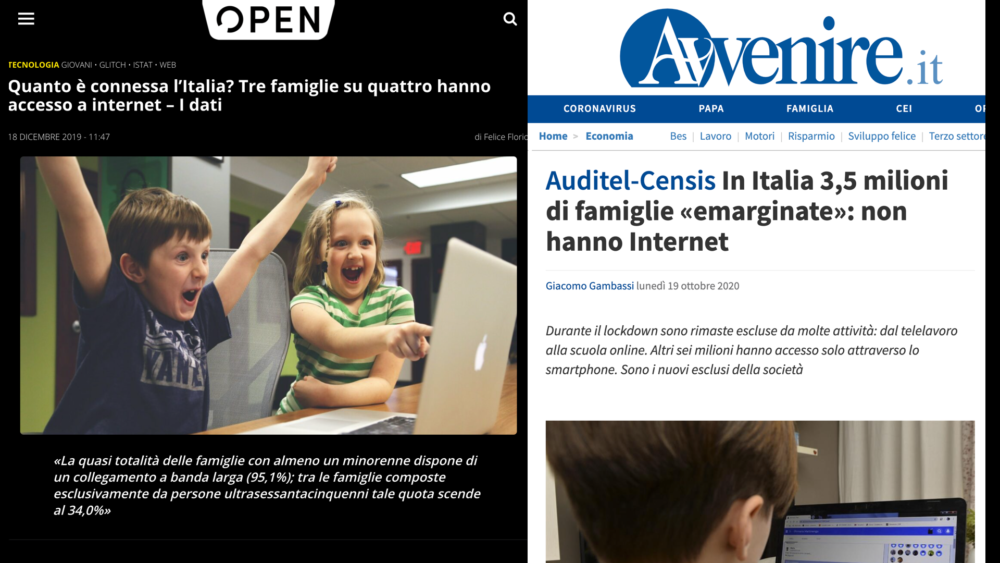 Screenshot di due articoli di Open e Avvenire che indicano la stessa notizia sulla mancanza di internet nelle famiglie italiane