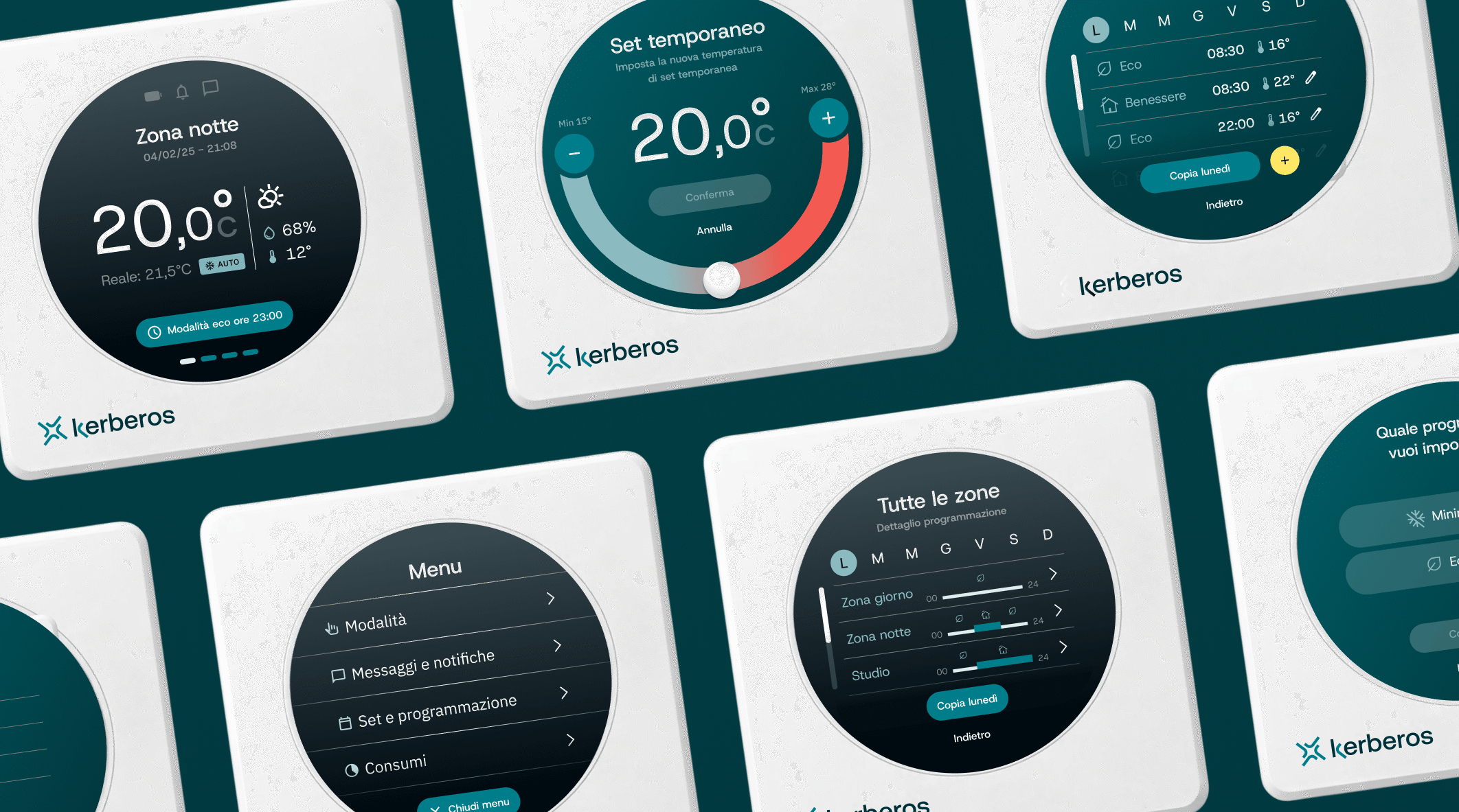 Series of Kerberos thermostat screens showing temperature display, circular dial adjustment, menu, and zone scheduling.