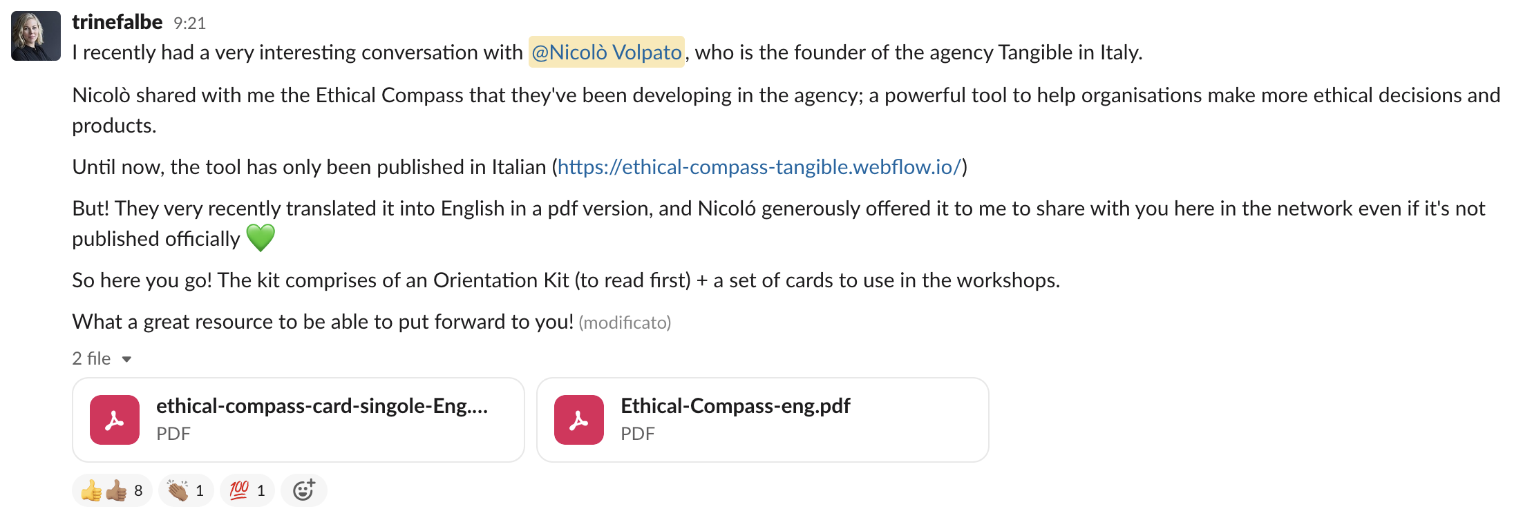 A screenshot of a Slack message from Trine Falbe in the Ethical Design Network