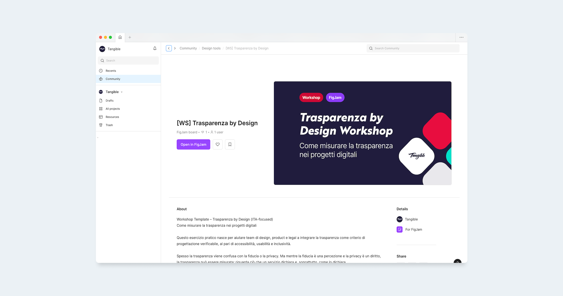 Schermata della pagina Figma Community dedicata al workshop Trasparenza by Design, con titolo, descrizione e pulsante per aprirlo in FigJam.