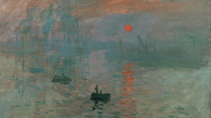 Scena all’alba con barche nel porto, Monet, Impression, soleil levant (1872). Fonte Wikimedia Commons..