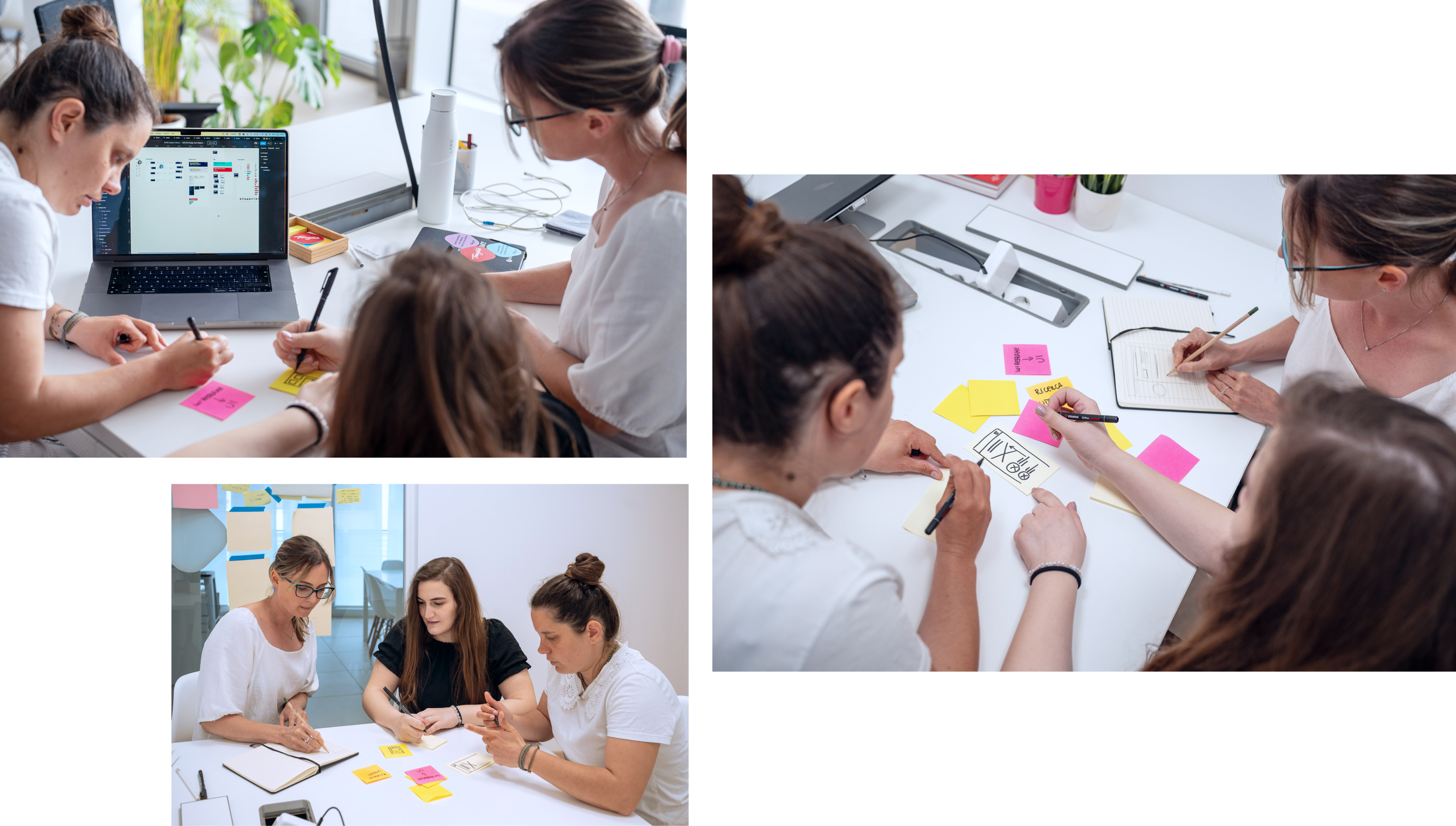 Collage of three photos showing the Tangible team collaborating around white tables. People write on coloured post-it notes, draw on sheets and use laptops.