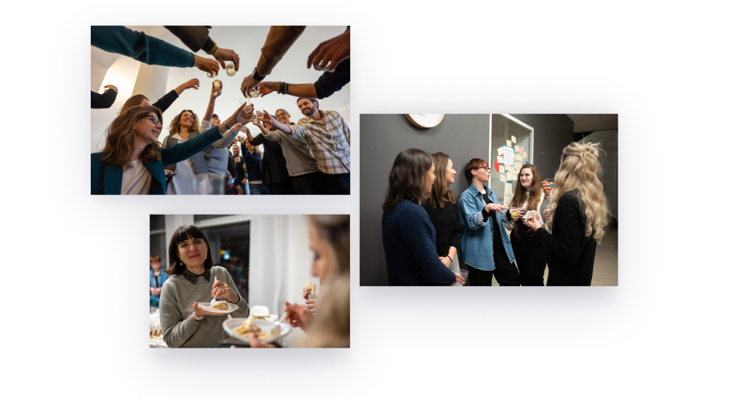 Collage di foto che ritraggono momenti di festeggiamenti in Tangible tra colleghi e colleghe.