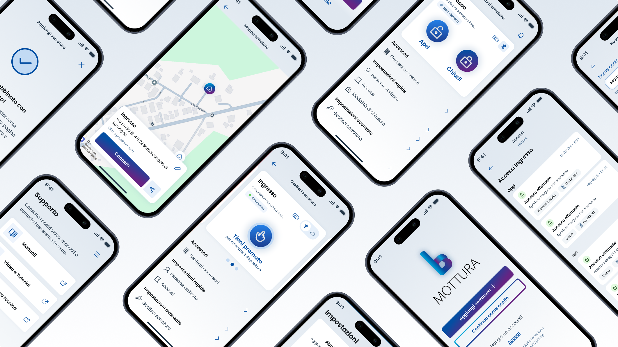 Vista d'insieme delle schermate dell'app: apertura serratura, mappa, accessori, login, impostazioni e piattaforma web bWEBTECHNOLOGY su tablet.