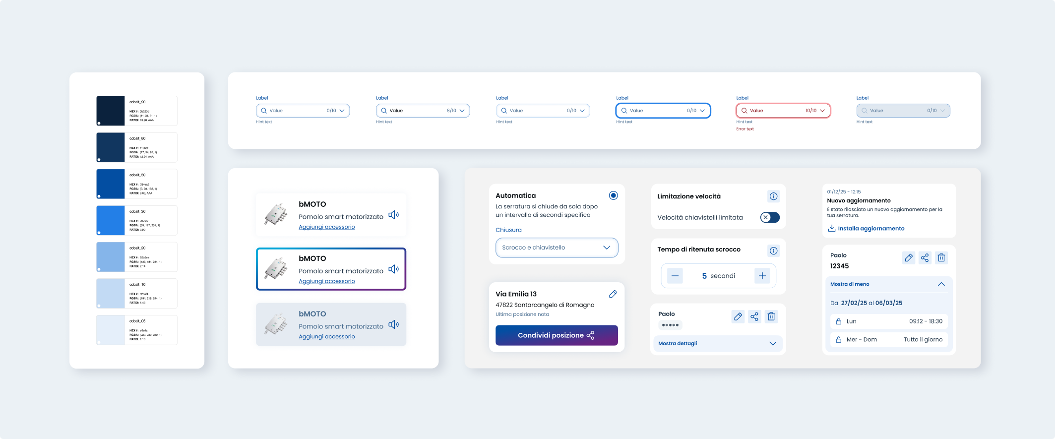 Design system bMottura: palette colori con token, componenti form in vari stati e pattern UI condivisi tra app mobile e piattaforma web.