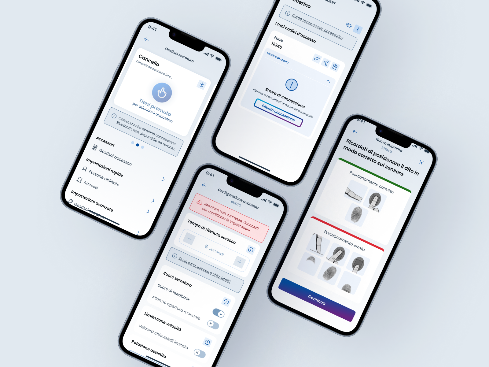 Schermate in stati critici: Bluetooth offline, errore accessorio, configurazione avanzata e registrazione impronta digitale con guida visiva.