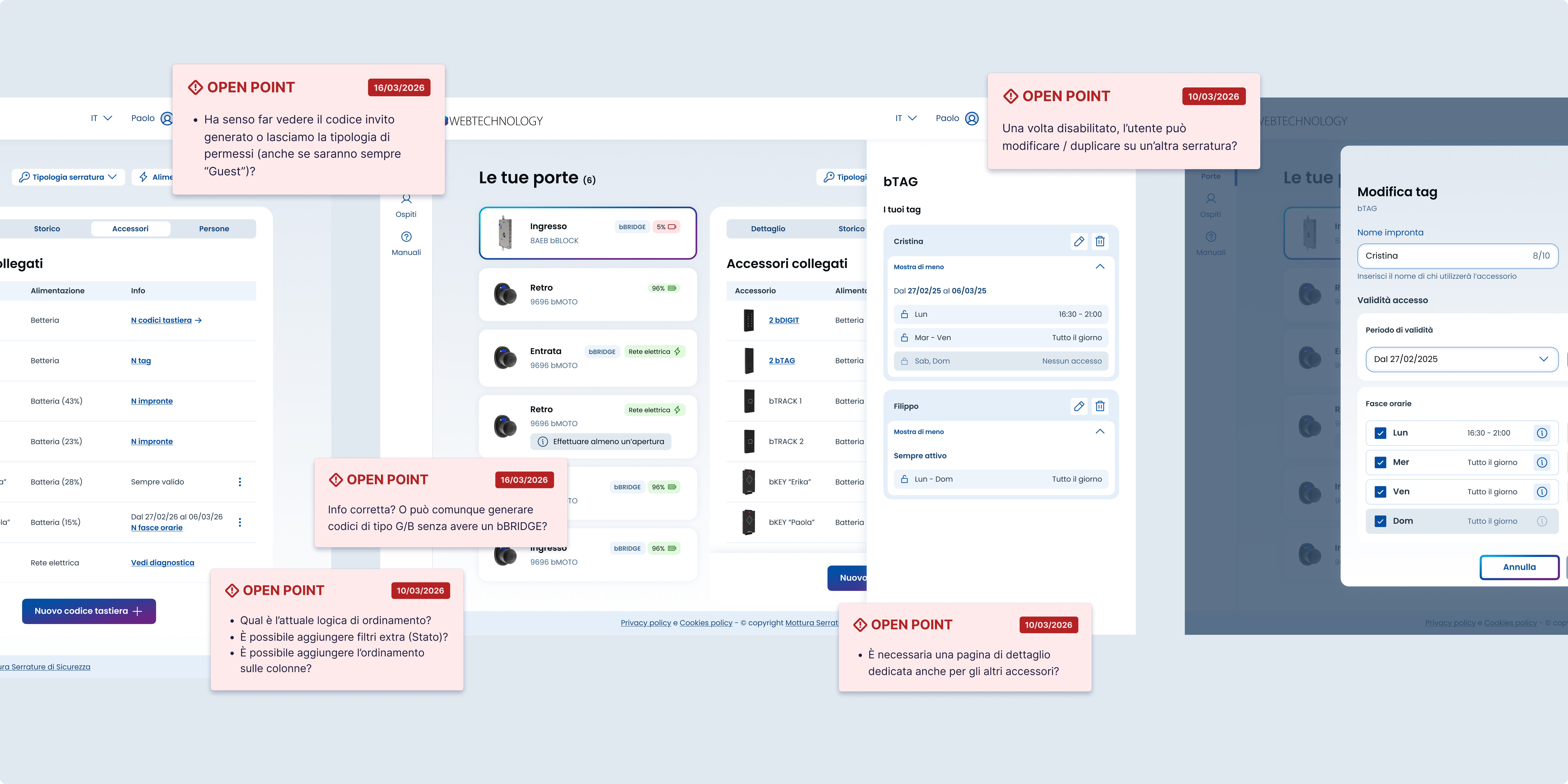 Screenshot della piattaforma web annotati con commenti Open Point del team di design durante le sessioni di allineamento con lo sviluppo.
