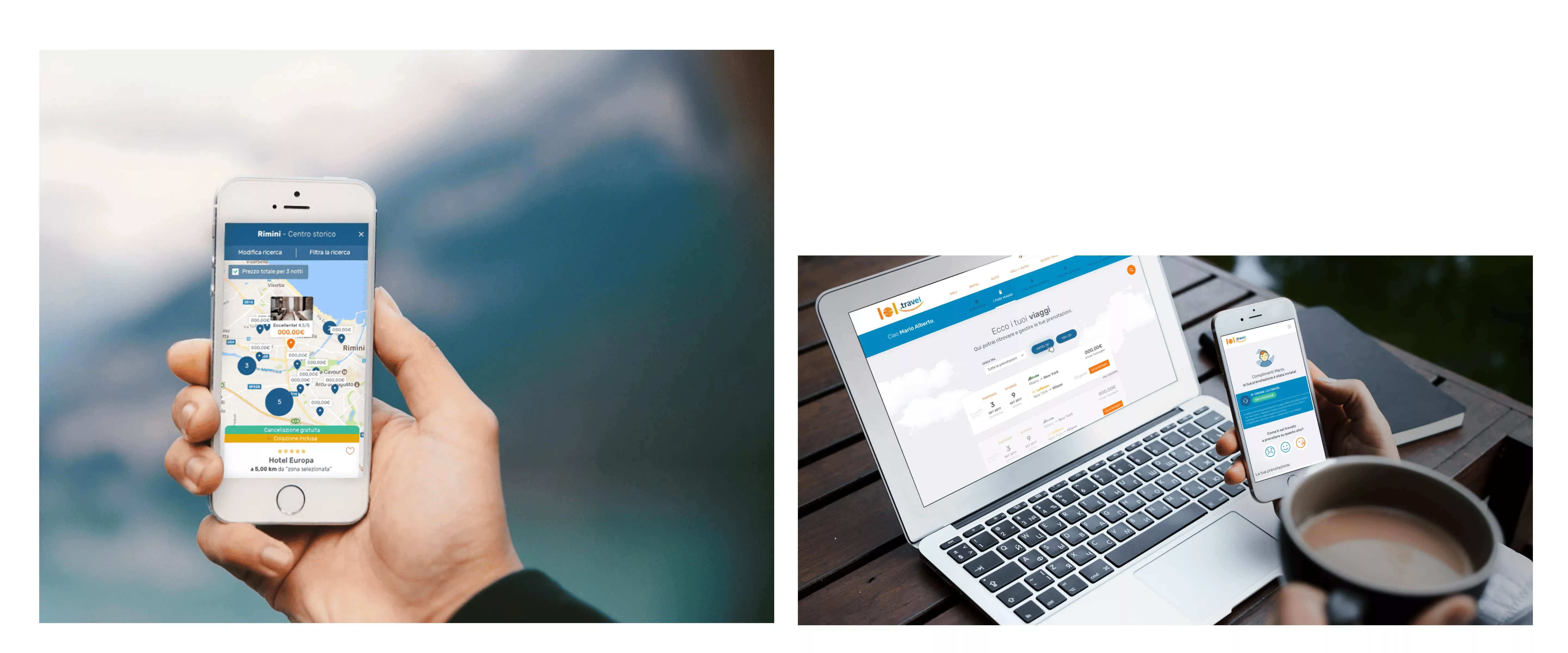two photos: in the one on the left a hand holds a smartphone with a screenshot of the site; on the right a laptop and a hand holds a smartphone