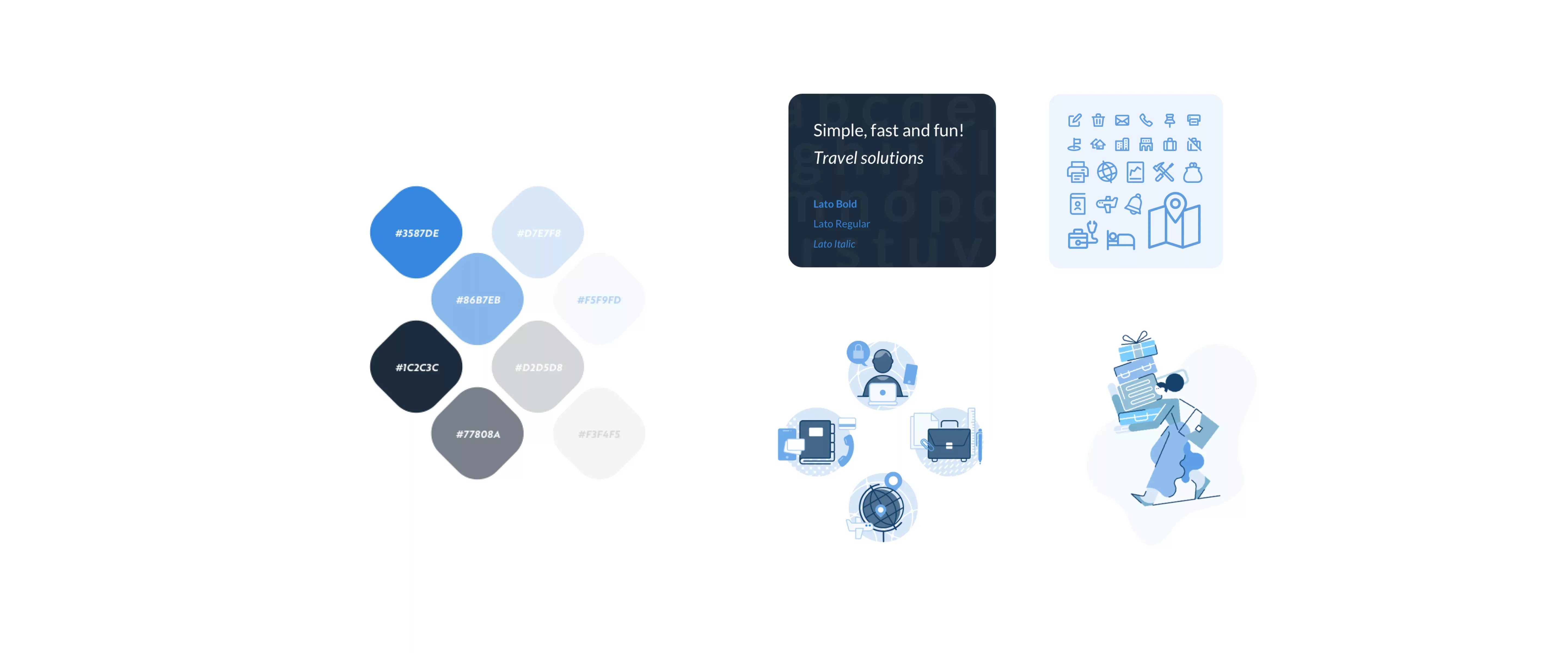 Elementi dalla styleguide come palette colori, illustrazioni, icone