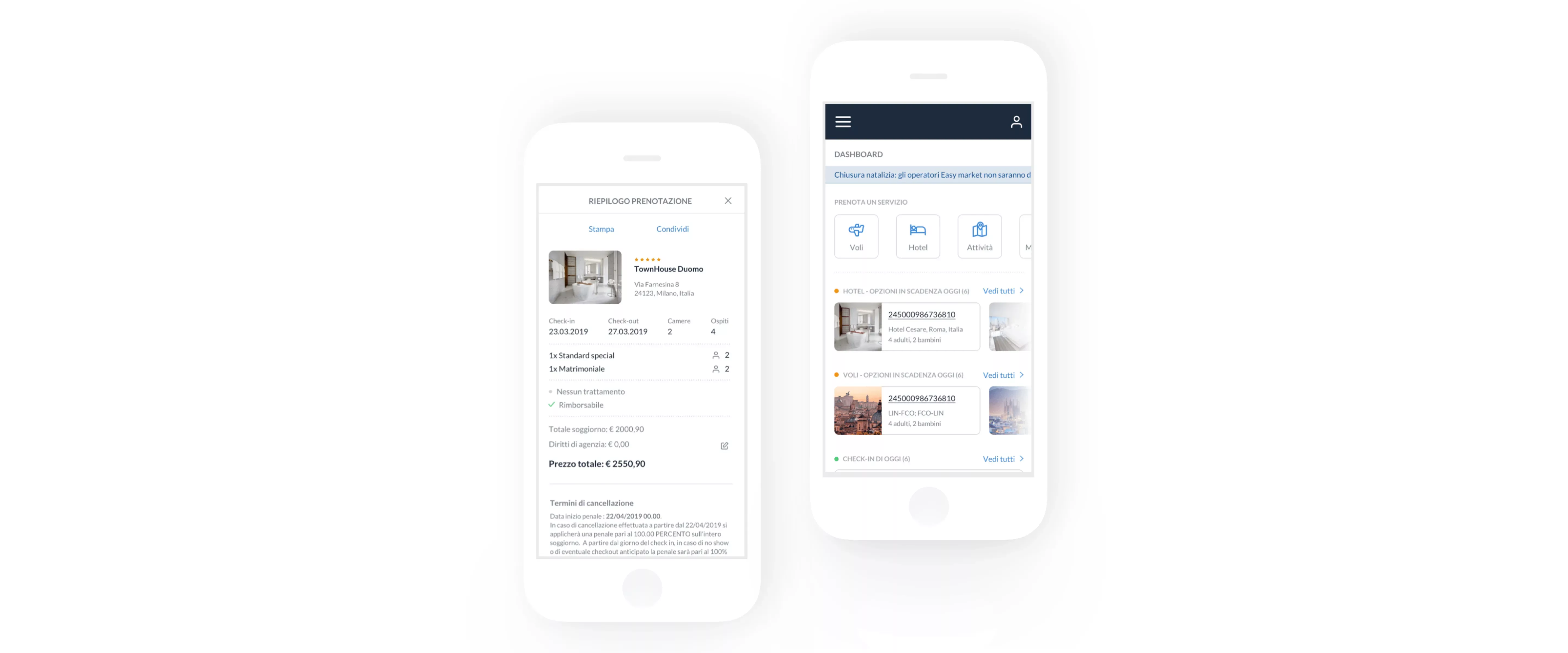 Due App mockup, affiancate, leggermente disallineate, a sinistra la pagina di prenotazione, a destra la dashboard