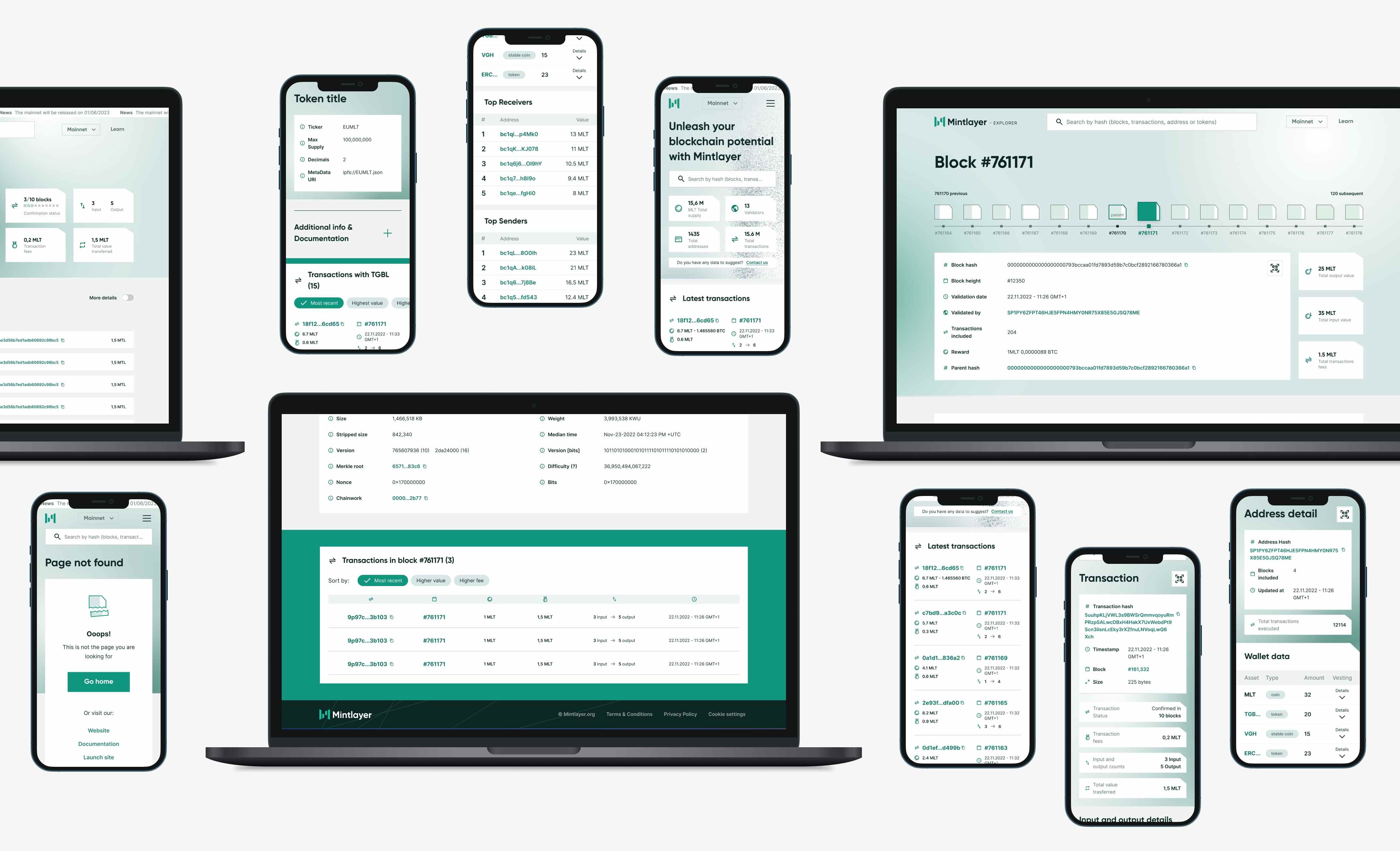 Graphic mockups of the Mintlayer platform in both desktop and mobile versions of the block explorer. Screens positioned in carefully structured layout