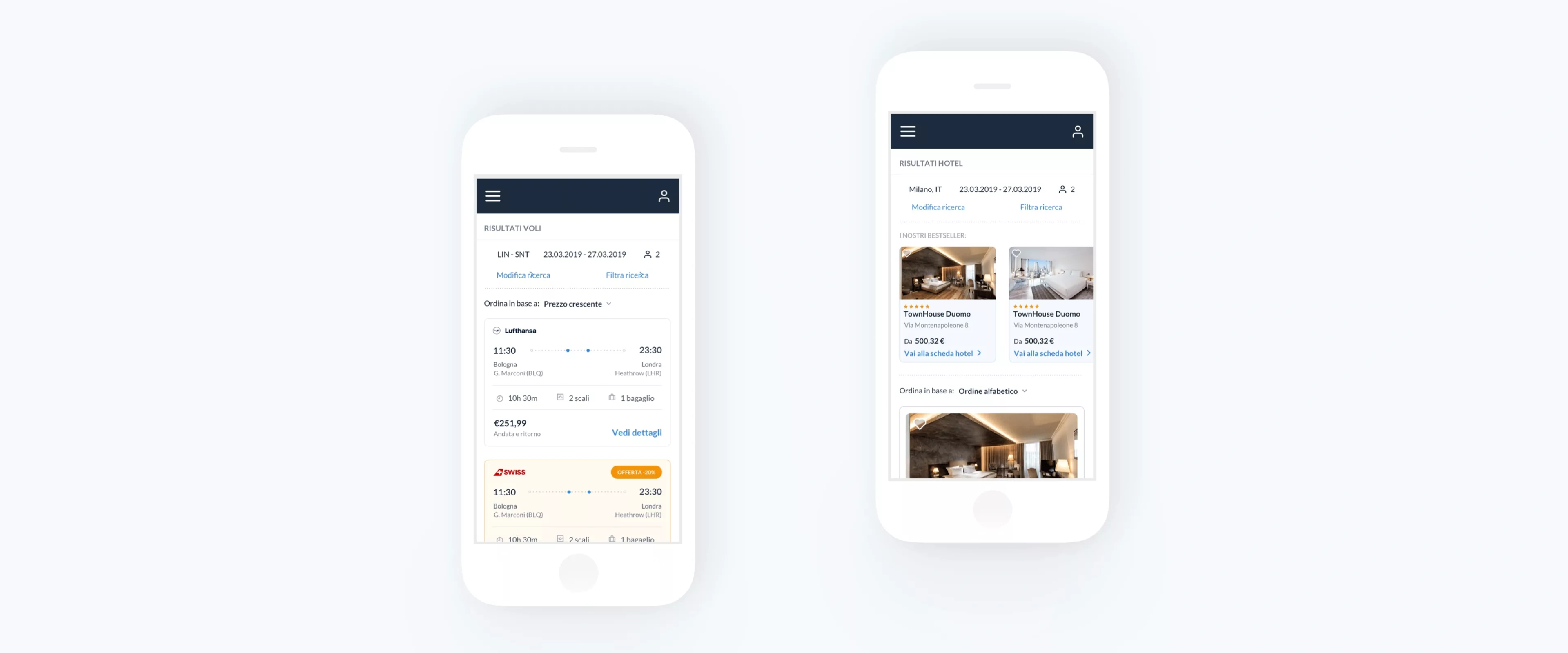 Two app mockups, two screens side-by-side, slightly misaligned, flight search results on the left and hotel search results on the right