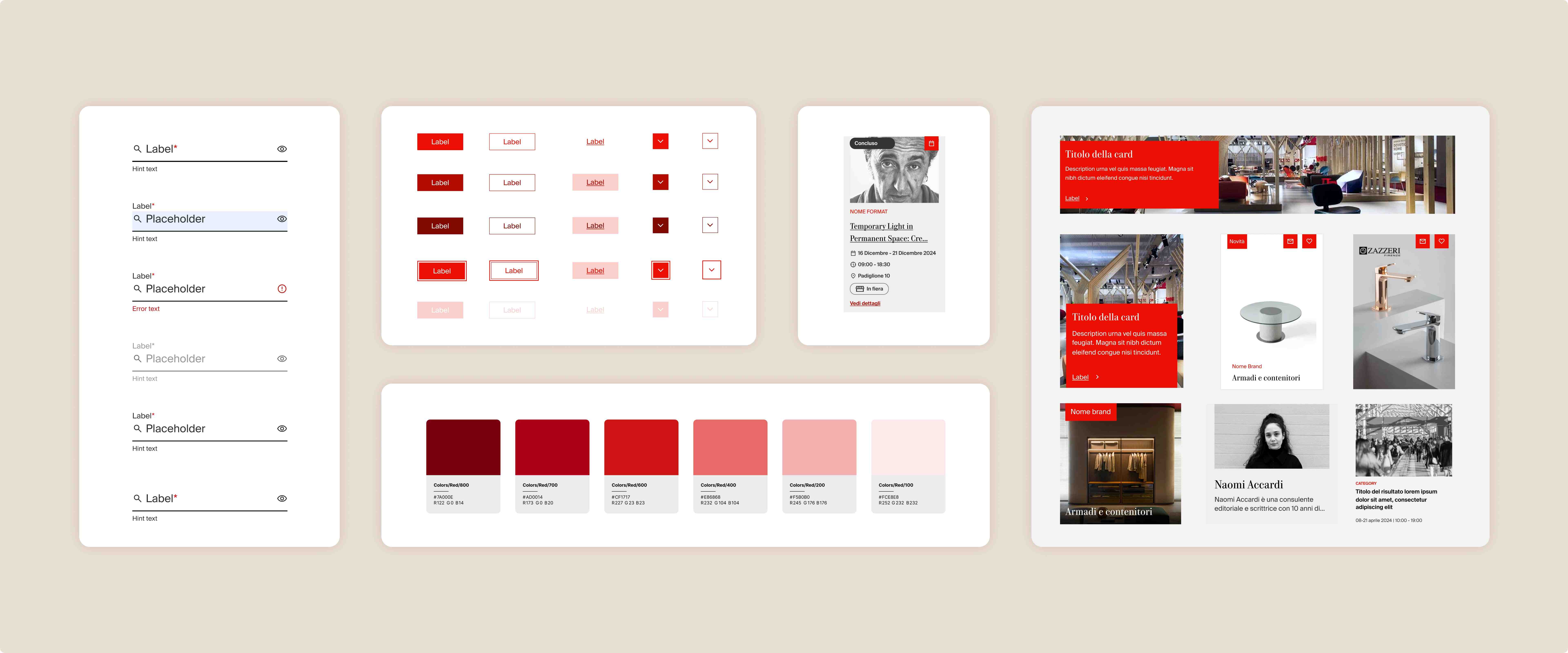Componenti di interfaccia e sistema visivo del Salone del Mobile con campi form card palette colori e pattern UI