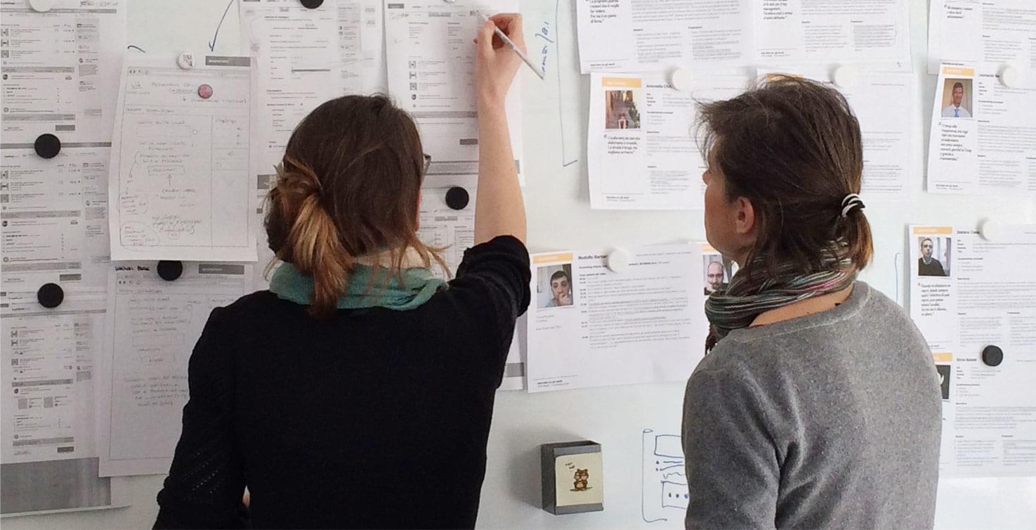 Ilaria and Marianna working and brainstorming ideas on the wall