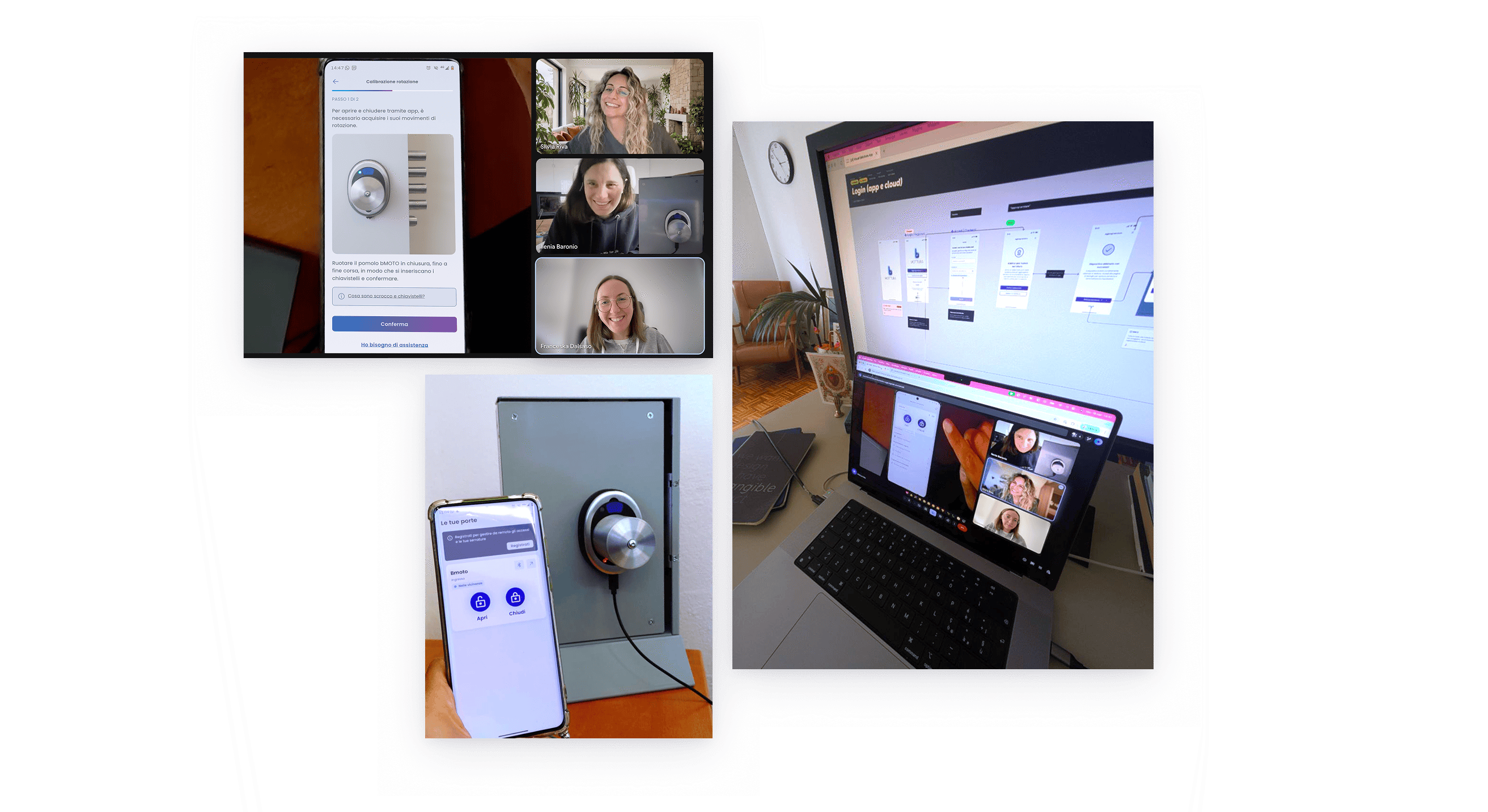 Sessioni di lavoro da remoto con hardware fisico: videochiamata con il team, test dell'app su serratura reale e revisione dei flussi su FigJam.