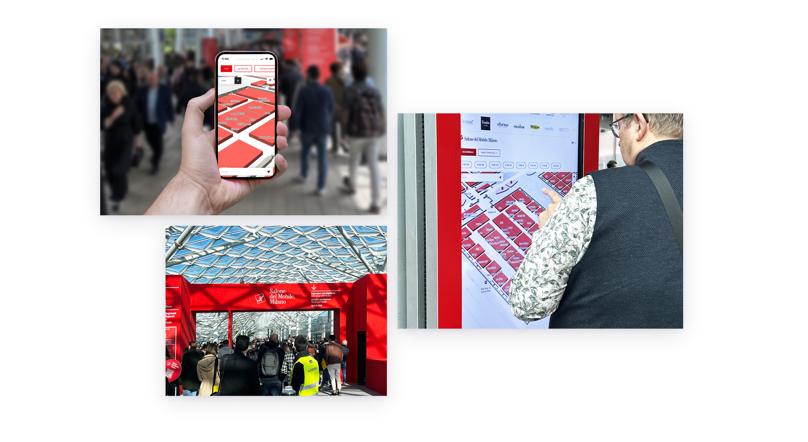 Collage di 3 immagini: una mano con smartphone sulla mappa interattiva, visitatori all’ingresso di Salone e un uomo che consulta totem interattivo
