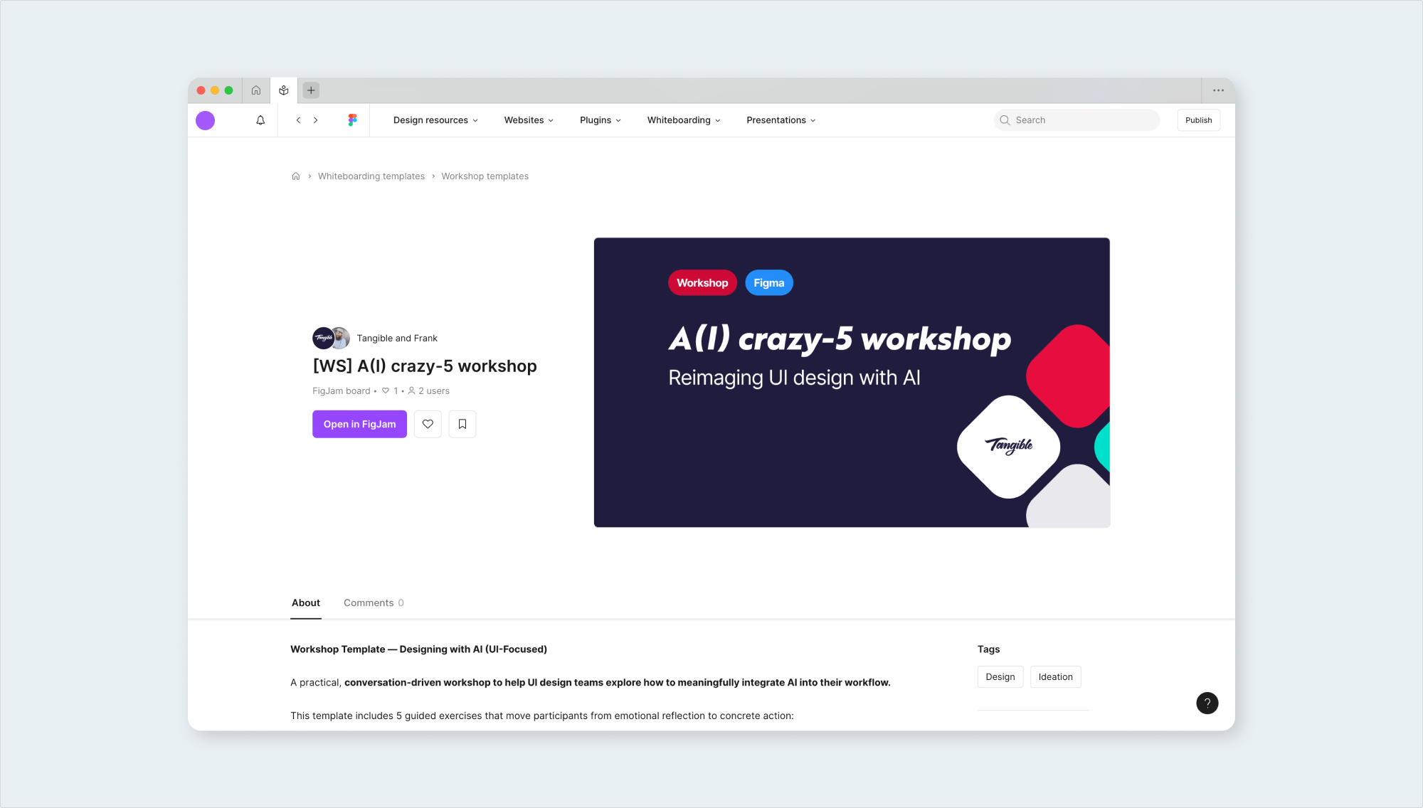 Figma Community page showing the A(I) crazy-5 workshop template published by Tangible and Frank.