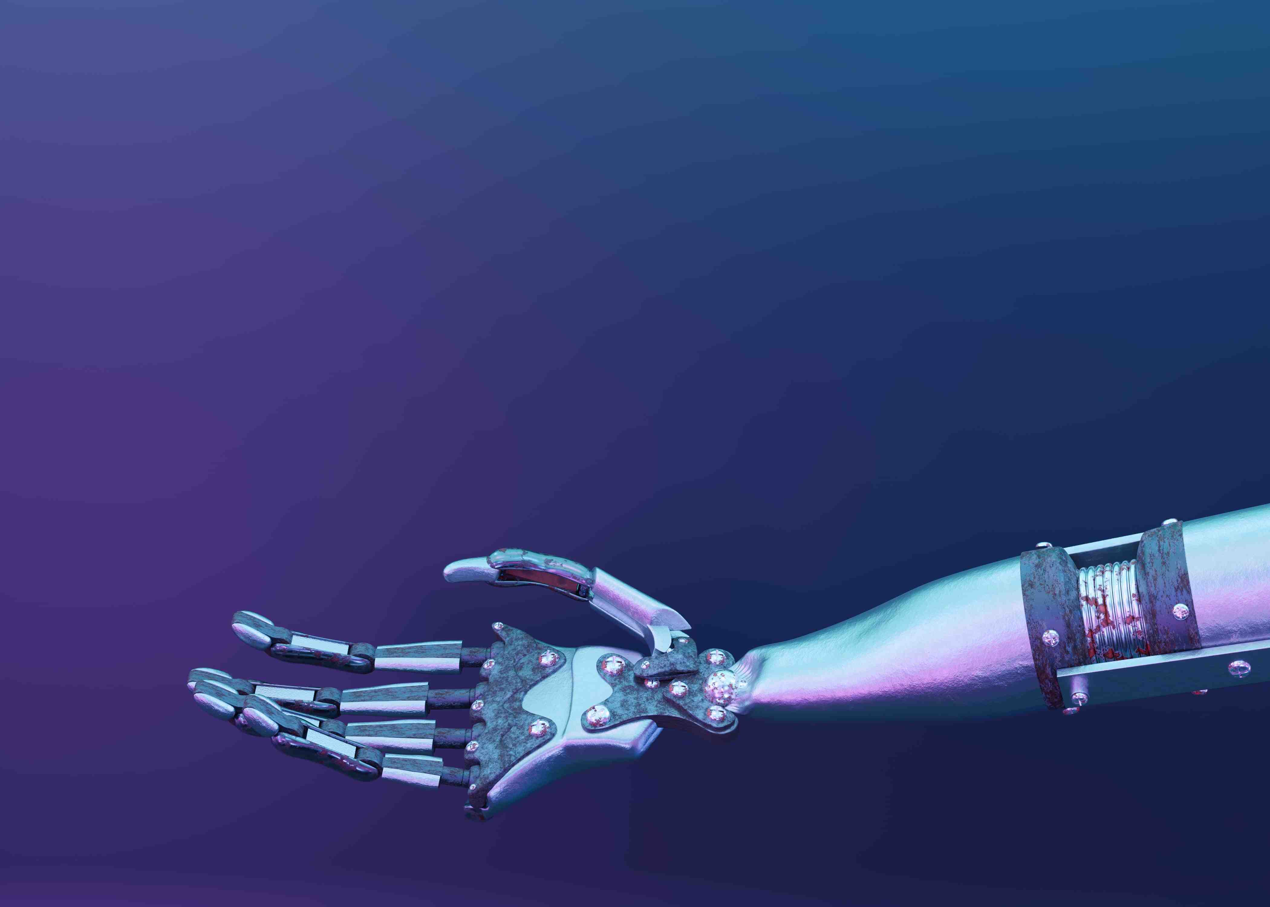 Mano robotica metallica tesa verso l’esterno su sfondo sfumato blu-viola, in posizione d’invito o collaborazione