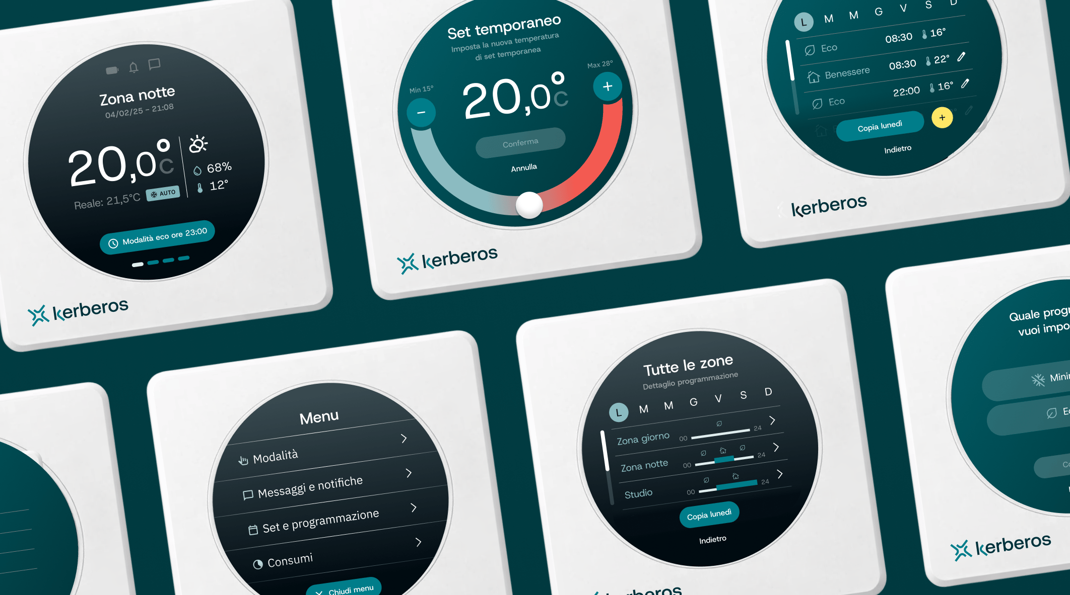 Series of Kerberos thermostat screens showing temperature display, circular dial adjustment, menu, and zone scheduling.